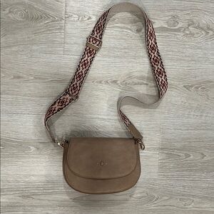 Tan Crossbody Bag with Patterned Strap